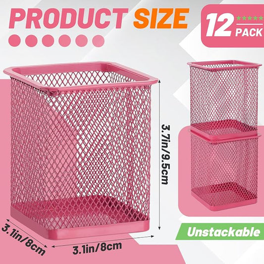 Segarty Pen Cup, 12 Pack Square Dark Pink Pen Holder for Desk, Multifuntional Mesh Pencil Cups Holder for Marker, Office Supplies, School Students, Home, Desktop Accessories Storage Organizer