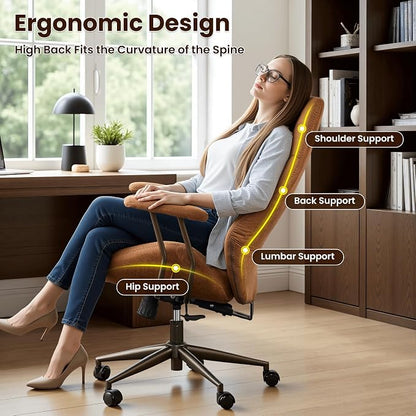ovios Home Office Chair, Mid-Century Modern Faux Suede Leather Ergonomic Chairs, High Back Comfy Computer Swivel Rolling Task Executive Armchair, Brown