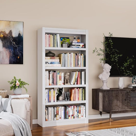 OSEILLC Metal Bookshelf, 5-Tier Bookcase, Modern Bookshelves with Adjustable Shelves, White Bookshelf for Home Office, Living Room, Garage, Small Space Living