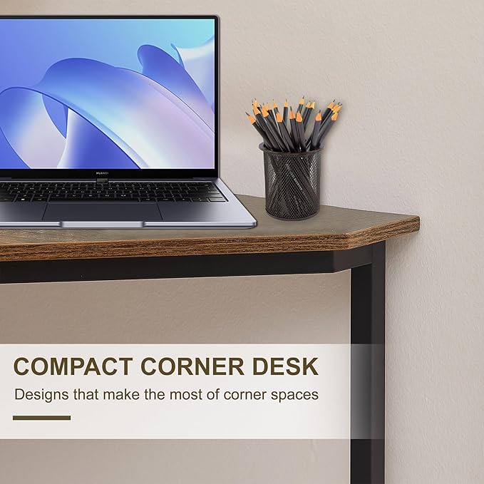 VECELO Corner Desk,Office Tables for Living Room for Small Space Triangle Computer Desk with Steel Frame Corner Shelves with Metal Frame Writing Desk for Workstation Retro Brown 33.1"