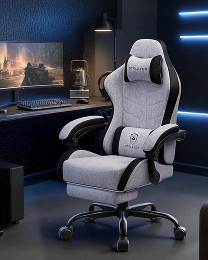 GTPLAYER Gaming Chair with Footrest, Computer Gaming Chair for Adults, Height Adjustable Gamer Chair with 90-155° Recline & Removable Headrest Lumbar Support,Linen Fabric Gray-Black