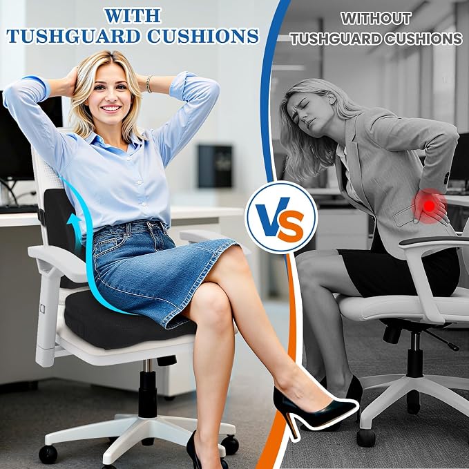 TushGuard Back&Seat Cushion, Car Seat Office Chair Cushions, Memory Foam Lumbar Back Support Pillow, Portable Airplane Seat Cushion for Travel, Computer Desk, Wheelchair, Driving (Black, X-Large)