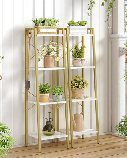 Hzuaneri Ladder Shelf, Bookshelf Bookcase, Freestanding Corner Storage Shelve with 2 Hooks for Home Office, Living Room, Kitchen, Bedroom, Industrial, 11.8" D x 13.4" W x 47.2" H, White Gold BC13213G
