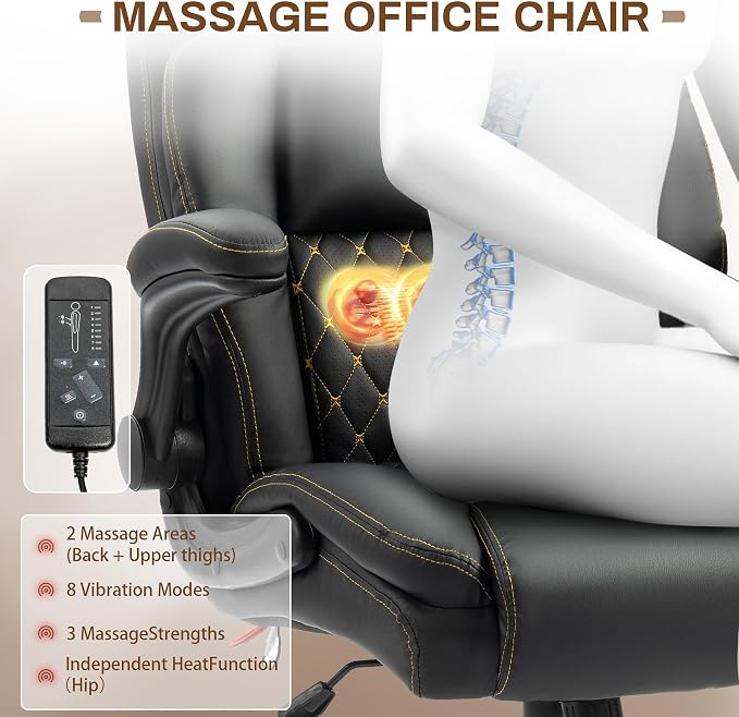 Massage Office Chair, 500LBS Ergonomic Rocking Executive Desk Chairs with 4 Points Vibration&Heat,Padded Flip-up Armrests for Big and Tall Office Chair,Swivel Computer Chair Thicken, PU Black