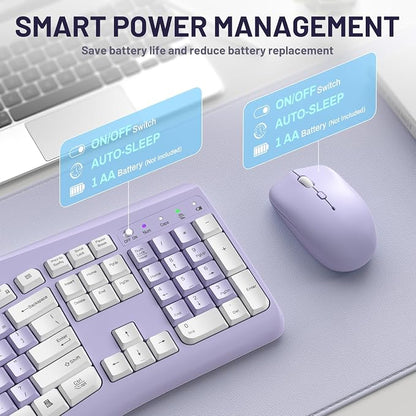 Wireless Keyboard and Mouse Combo,2.4G Full Size Ergonomic Curved Silent Keyboard with Fn Multimedia Keys for Office and Home, 3-DPI Quiet Mouse for Windows,Mac OS Desktop/Laptop/PC (Purple-A)