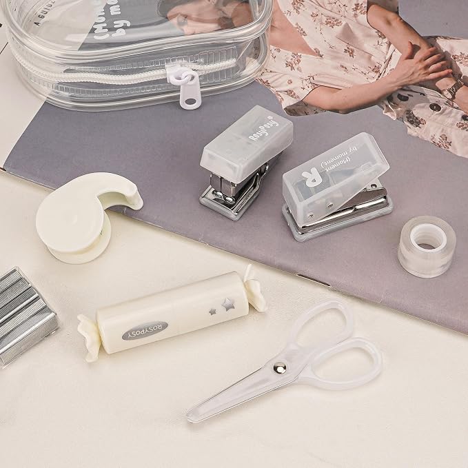 7-Pieces Clear Desk Organizer Set - with Stapler, Hole Punch, Tape Dispenser, Scissors & Highlighters, Transparent Office Supplies Kit for Home Office, School & Workspace