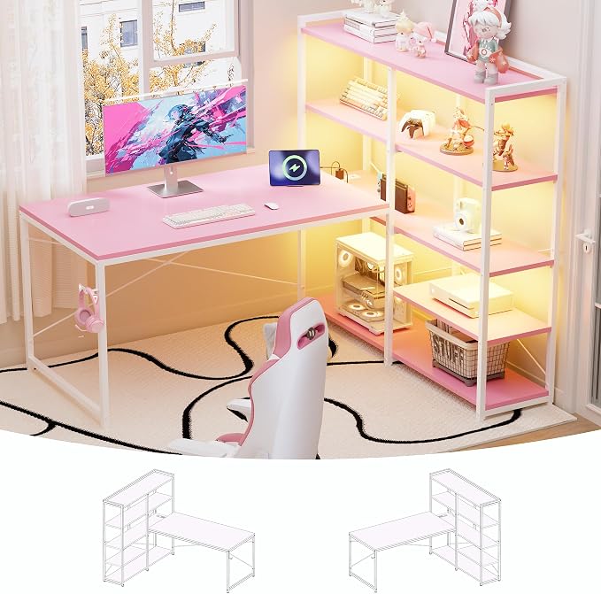 Pamray L Shaped Computer Desk with Reversible Side Storage Shelves, 49 Inch Gaming Desk with Power Outlets and Led Lights, PC Table for Home Office and Bedroom Pink