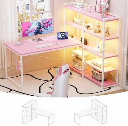 Pamray L Shaped Computer Desk with Reversible Side Storage Shelves, 49 Inch Gaming Desk with Power Outlets and Led Lights, PC Table for Home Office and Bedroom Pink