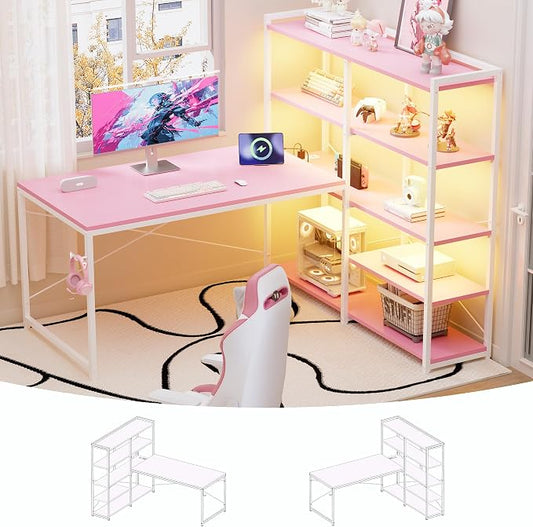 Pamray L Shaped Computer Desk with Reversible Side Storage Shelves, 49 Inch Gaming Desk with Power Outlets and Led Lights, PC Table for Home Office and Bedroom Pink