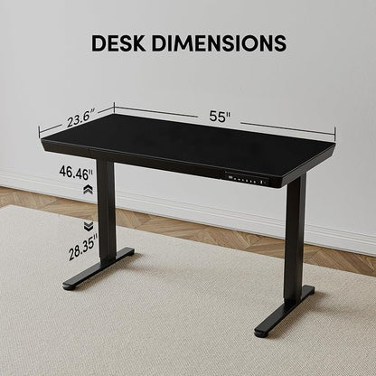 BANTI Electric Standing Desk with Drawers, 55 inch Whole-Piece Glass Desktop, Height Adjustable Stand up Sit Stand Home Office Ergonomic Workstation, Black Tabletop
