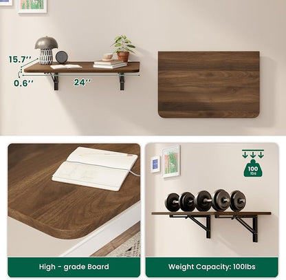 Dogsky Wall Mounted Folding Table (24x15.7 in) - 100LB Capacity Heavy Duty Wall Floating Desk, Space-Saving Workbench for Home Office, Laundry Room & Kitchen, Walnut
