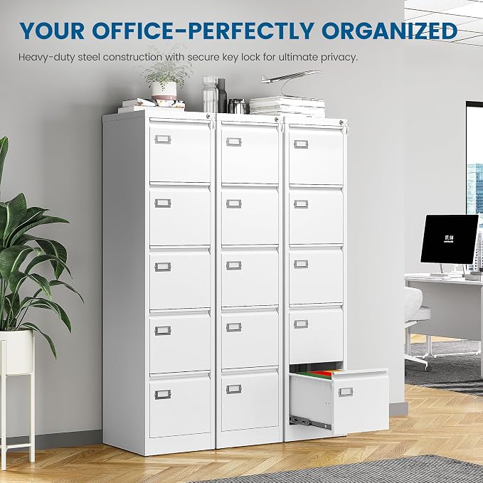 PEUKC 5-Drawer File Cabinet, 16.3" Deep Vertical Metal Filing Cabinet with Lock for Home Office, Anti-Tip 5 Storage Drawers for Letter/Legal/A4/F4 Size (Assemble Required, White)