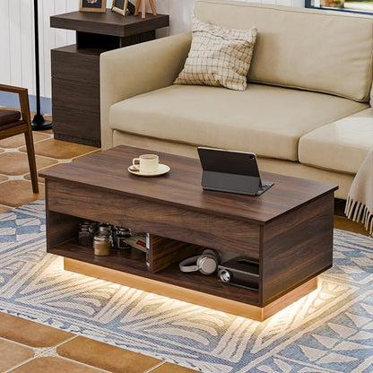 HOMMPA LED Coffee Tables for Living Room, 40 Inch Lift Top Coffee Table with Hidden Storage Mid Century Modern Center Table, Smart Gaming Tea Tables for Home Office Walnut