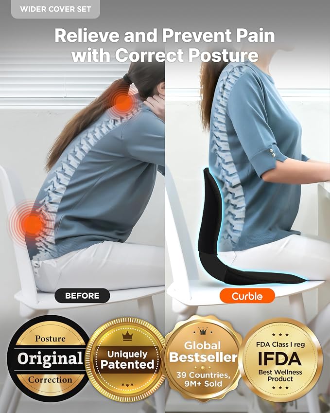 curble Wider – Ergonomic Desk Chair Seat Cushion, Everyday Passive Posture Trainer for Work from Home, Office & Car, Breathable Lumbar Support (Black)
