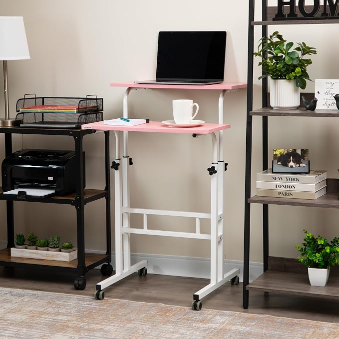 Mind Reader Standing Desk, Adjustable Height Laptop Workstation, Portable Rolling Desk on Wheels, Two-Tier Metal Frame, Pink