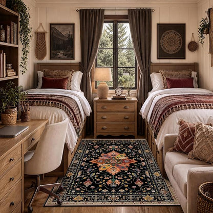 RELEANY Area Rugs 4'x6' Washable Non-Slip, Floral Vintage Distress Medallion Carpet for Living Room Bedroom Dining Room, Black Colorful Floral Dark Tan
