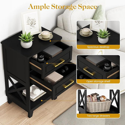 RoyalCraft 30" Tall Nightstand, Modern Painted Bedside Table with 2 Drawers and Open Shelf, Wood Side Table for Bedroom, Home Office, Black-Open Shelf Below, Set of 2