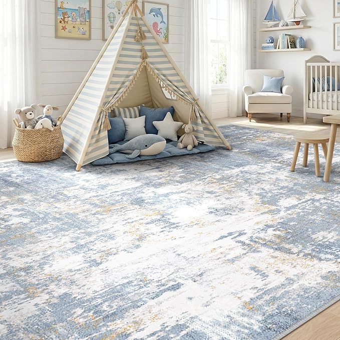 RELEANY Washable Area Rugs 9'x12' Non-Slip Modern Abstract Soft for Living Room Entryway Bedroom Kitchen, Print Pattern, Light Blue