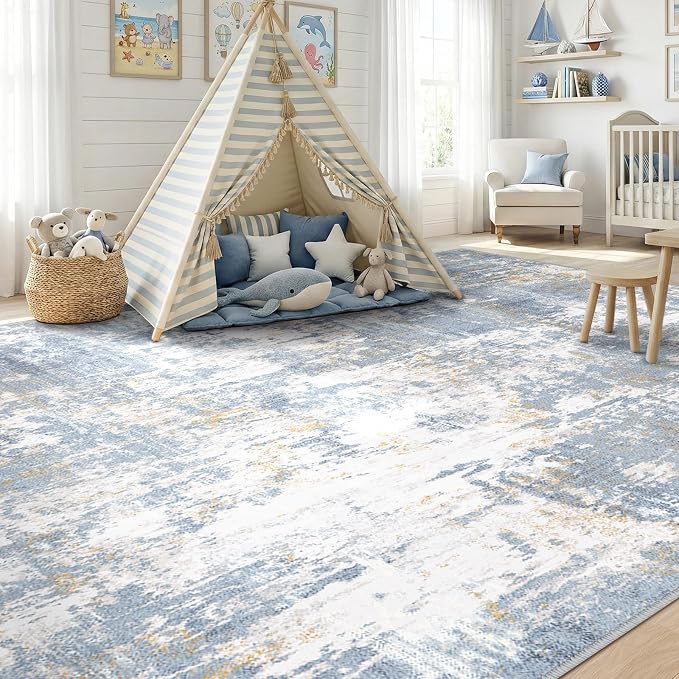 RELEANY Washable Area Rugs 5'x7' Non-Slip Modern Abstract Soft for Living Room Entryway Bedroom Kitchen, Print Pattern, Light Blue