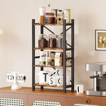Desktop Bookshelf, 4-Tier Stackable Narrow Bookcase, Adjustable Industrial Desk Organizer & Hutch - Rustic Brown Wood Desktop Book Organizer for Living Room, Bedroom & Home Office