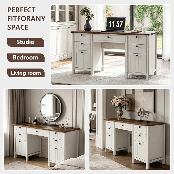 62 Inch Antique White Farmhouse Computer Desk | Center Drawer, 4 Storage Drawers (1 File Drawer) & Side Cabinet, Built-in USB Power Ports for Home Office & Bedroom Workspace
