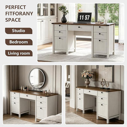 62 Inch Antique White Farmhouse Computer Desk | Center Drawer, 4 Storage Drawers (1 File Drawer) & Side Cabinet, Built-in USB Power Ports for Home Office & Bedroom Workspace