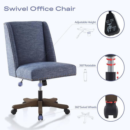 Zihanhome Armless Home Office Chair with Wooden Legs, Modern Adjustable Upholstered Office Desk Chair No Arms Computer Chair Swivel Chair for Home Office Study Studio (Blue)