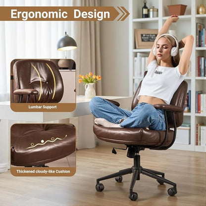 Ergonomic Home Office Chair, Mid-Century Faux Leather Home Office Desk Chairs with Wheels, Office Computer Chair with Rocking Swivel (Coffee,PU Leather)