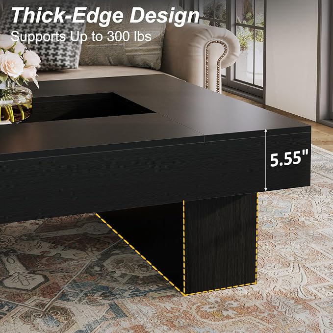 LVB Black Coffee Table, Modern Wood Led Living Room Table with Storage, Unique Large Wide Rectangle Center Table with LED Light, Contemporary low Tea Table for Bedroom Home Office, 47.24 In, Black Oak
