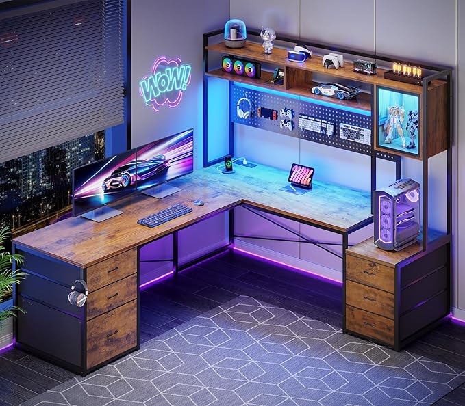 SEDETA L Shaped Gaming Desk with 6 Drawers, Reversible Computer Office Desk with File Drawer, Hutch, Storage Shelves, Gaming Corner Desk with Led Lights, Power Outlet for Two Person, Rustic Brown