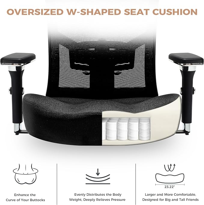600lbs Big and Tall Office Chair with Wider W-Shaped Thick Seat Cushion, Ergonomic Computer Mesh Desk Chairs for Heavy People, Computer Chair, with Adjustable Lumbar Support, 4D Armrests