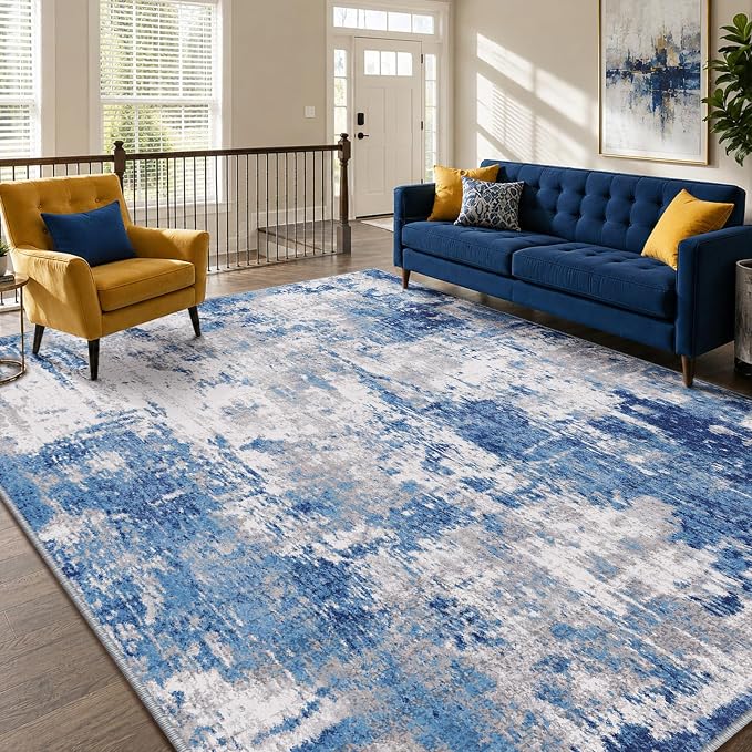 RELEANY Washable Area Rugs 5'x7' Non-Slip Modern Abstract Soft for Living Room Entryway Bedroom Kitchen, Print Pattern, Blue Grey Navy Gray