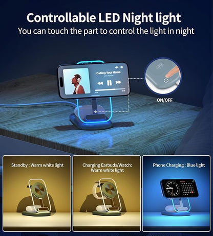 3 in 1 Magnetic Wireless Charging Station for Apple Devices, Fast Foldable Travel Mag-Safe Charger Stand with Night Light for iPhone 17 16 15 14 13 12 Series, Apple Watch/AirPods Pro, LB