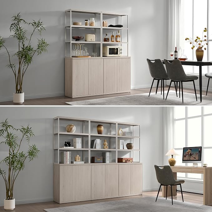 SICOTAS Book Shelf Fluted Bookshelf Cabinet - 75" Tall Bookcase 6 Tier Large Bookshelves with Doors Storage Modern Wide Book Shelves Case for Living Room Home Office Library, Metal Frame, White Alder
