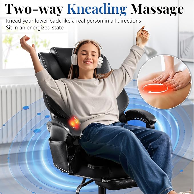 3D Kneading Massage Office Chair, Oversized 600LBS Big and Tall Executive Office Chair with Footrest, Reclining Computer Chairs, Wider Upholstered Seat Ergonomic Desk Chair for Home Office, Black
