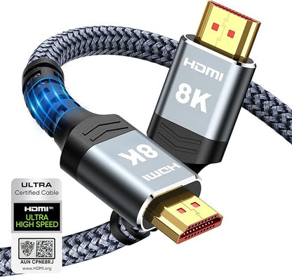 Highwings 8K 10K 4K HDMI Cable 48Gbps 6.6FT/2M, Certified Ultra High Speed 2.1 HDMI Cable Braided Cord-4K@120Hz 8K@60Hz, DTS:X, HDCP 2.2 & 2.3, HDR 10 Compatible with DVD Player/PS5/HDTV/Blu-ray