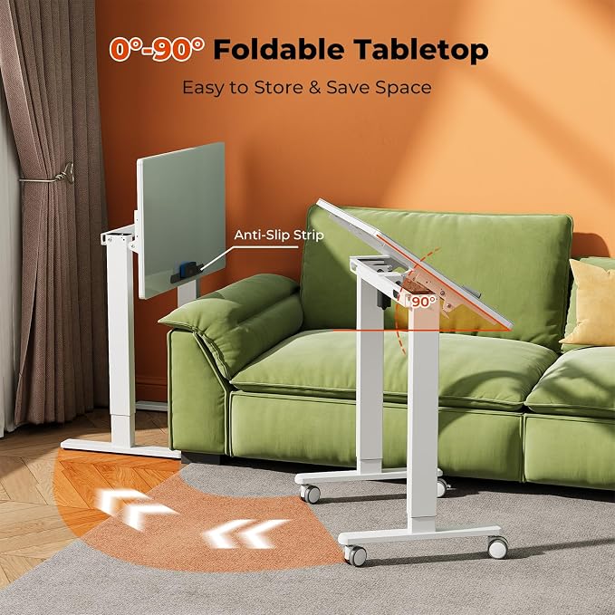 32inch Glass Standing Desk，90° Tiltable Mobile Rising Desk Height Adjustable，Whole Piece Rolling Sit Stand Table with Wheels，Foldable Small Laptop Desk，White