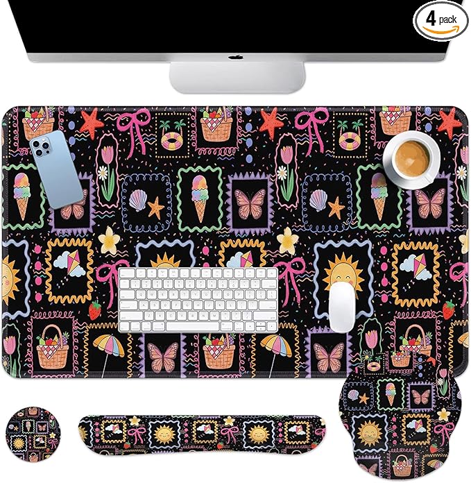 Britimes Cute Sun Bow Keyboard Mouse Pad Set Black Colorful Doodle 4in1 Large Mousepad+Keyboard Wrist Rest+Mouse Wrist Rest+Coaster Ergonomic Design for Home Office Computer 35.4x15.7 inches