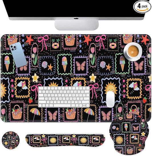 Britimes Cute Sun Bow Keyboard Mouse Pad Set Black Colorful Doodle 4in1 Large Mousepad+Keyboard Wrist Rest+Mouse Wrist Rest+Coaster Ergonomic Design for Home Office Computer 35.4x15.7 inches