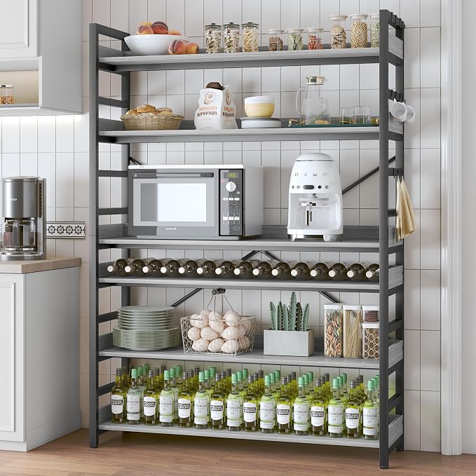 HCHQHS Bookshelf, Adjustable Industrial Bookcase, Vertical Tall Book Shelf, Wood and Black Metal Open Bookshelves for Home Office, Living Room, Bedroom (Grey, 6-Tier (47" W x 70" H))