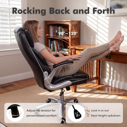 GYI Big and Tall 400lb Office Chair, Leather Executive Desk Chair, Black | 24"Wide Seat, High Back, Space-Saving Flip-up Arms, Lumbar Support, Heavy Duty Base, Home, Conference Room