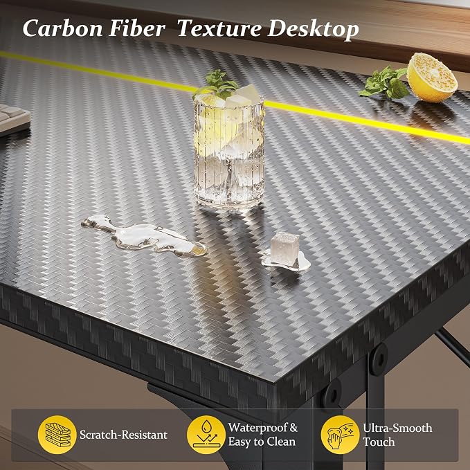 DurayLoly 48" Gaming Desk with Waterproof LED Lights, Carbon Fiber Desktop for Small Spaces | Home Office Study Computer Desk with Storage Bag & Headphone Hook, Black