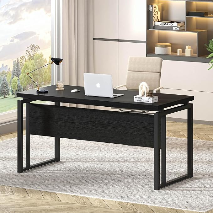 EXCEFUR Black Desk for Home Office, Modern Computer Desk, Wood and Metal Writing Study Table for Workstations, Living Room, Bedroom, 53 Inch