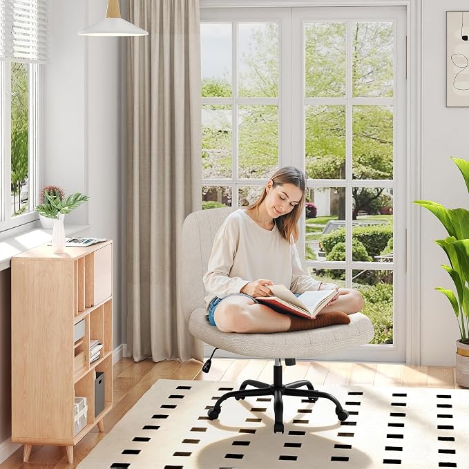 Shintenchi Criss Cross Chair,Cross Legged Office Seat with Wheels Armless Swivel Vanity Chair,Height Adjustable Wide Computer Task Seating for Home Office,Beige
