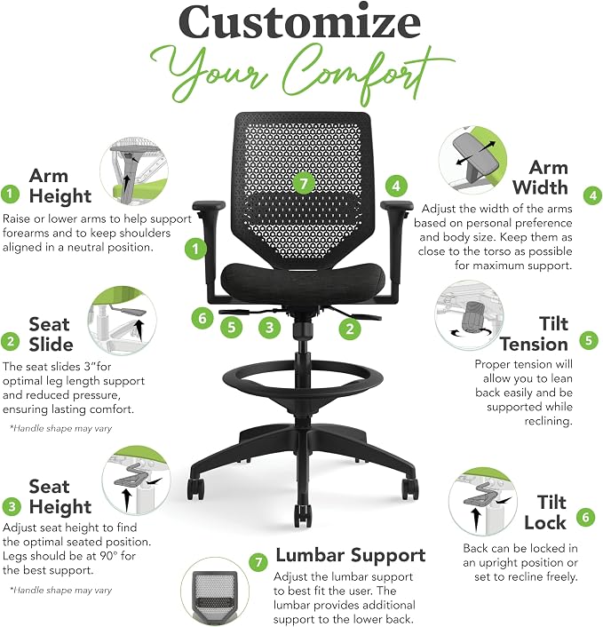 HON Solve Standing Desk Chair with Breathable ReActiv Mesh Back, Adjustable Lumbar Support and Footring, Ergonomic Task Stool with Height Adjustable Arms for Sit‑Stand Workstations, Black