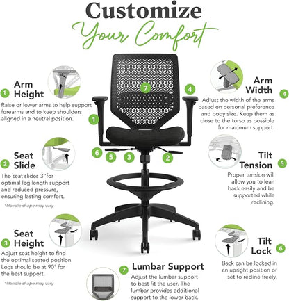 HON Solve Standing Desk Chair with Breathable ReActiv Mesh Back, Adjustable Lumbar Support and Footring, Ergonomic Task Stool with Height Adjustable Arms for Sit‑Stand Workstations, Black