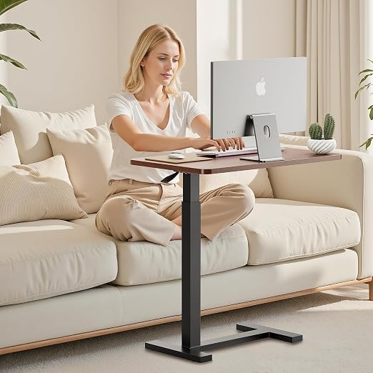 Adjustable Overbed Bedside Table with Wheels, Rolling Laptop Table, Pneumatic Adjustable Hospital & Home Use Bed Table, Mobile Standing Desk, Brown