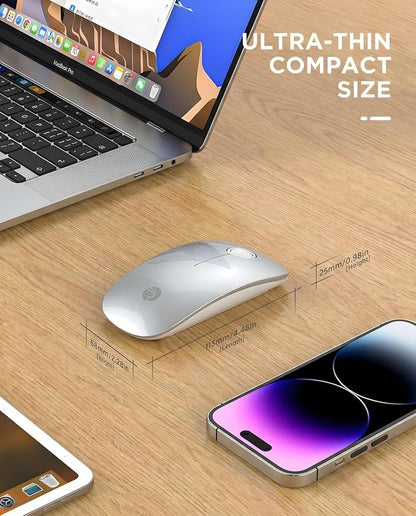 RAPIQUE R306 Wireless Mouse, Bluetooth 5.1 & 2.4GHz Dual Mode Silent Mouse, Silver Gloss Top with White Matte Base, Slim Portable Mouse for Laptop, MacBook,Tablet, Chromebook (Silvery)