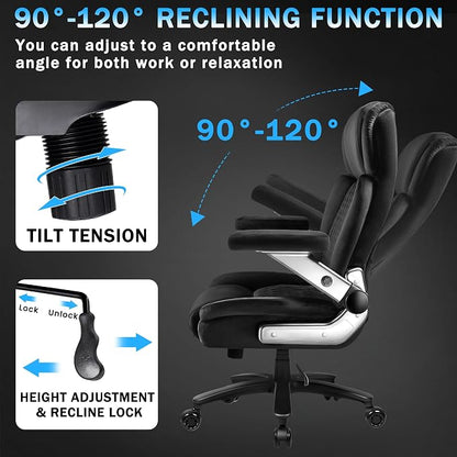 Big and Tall Office Chair 600lbs with 5D Flip Arms, Heavy Duty Executive Office Chairs, Ergonomic Desk Chair with Adjustable Lumbar Support & Rubber Wheels, Velvet Fabric, Black