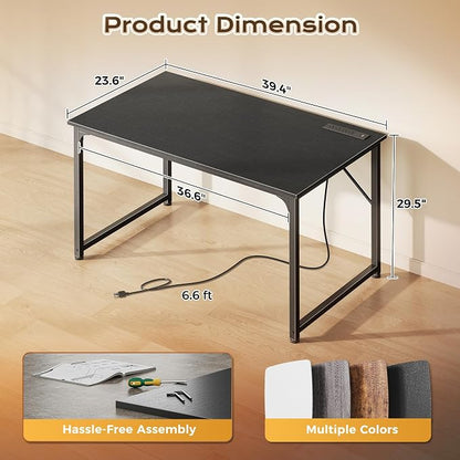 PRAISUN 40 X 24 Inch Computer Desk with Power Outlets & USB-C Port, Office Desk with Deeper Desktop, Study, Bedroom, Writing Work from Home Table, Metal Frame, Black